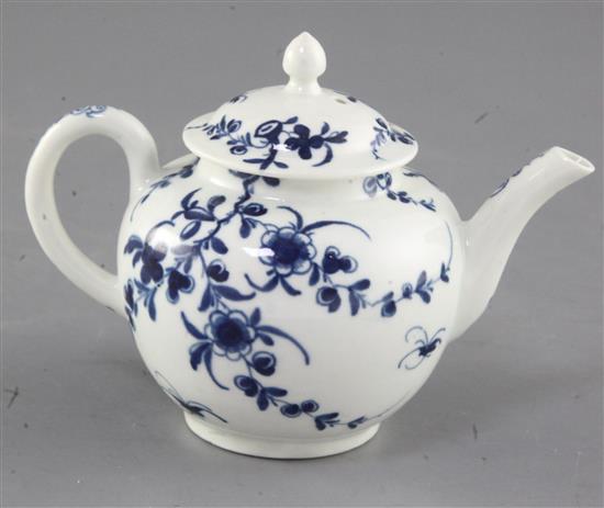 A rare Worcester Prunus Root pattern blue and white miniature teapot and cover, c.1760-5, height 10cm